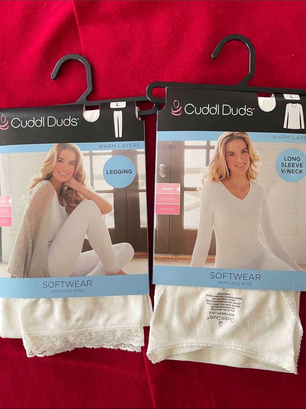 Cuddl Duds Softwear Lace-Trim Leggings and Long Sleeve V-Neck in White